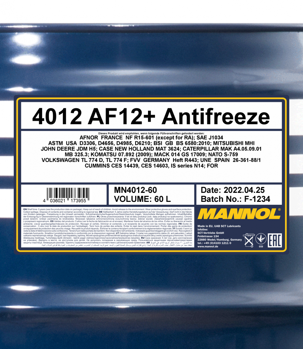af12-_60l Mannol 4012 Kühlerfrostschutz Antifreeze AF12+ Longlife -40 Fertigmischung 60 Liter
