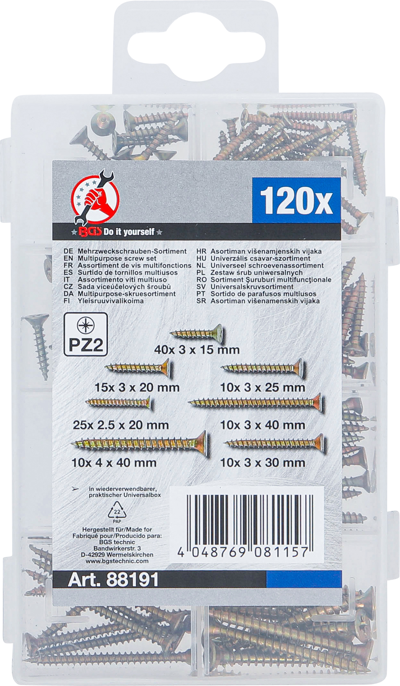 BGS Mehrzweckschrauben-Sortiment | Kreuzschlitz PZ2 | 120 Stück