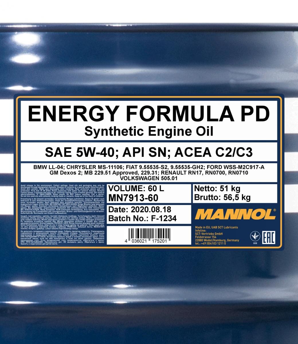 5W-40 Mannol 7913 Energy Formula PD Motoröl 60 Liter