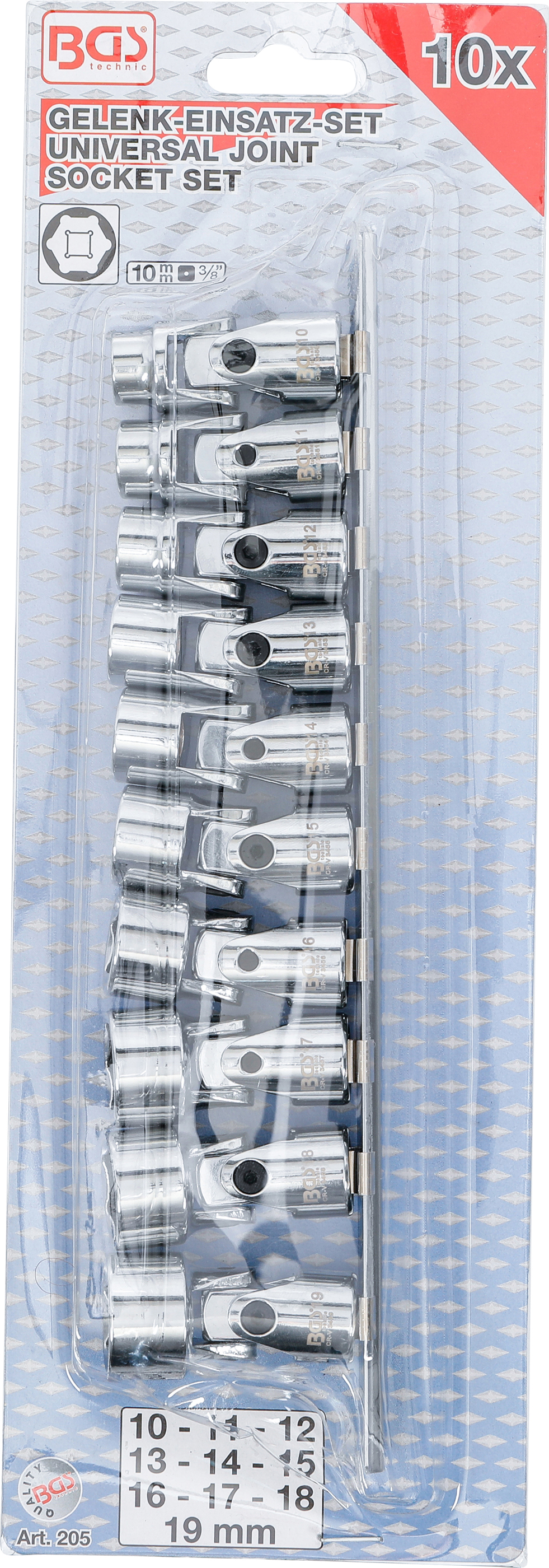 BGS Kardangelenk-Einsatz-Satz Sechskant | Antrieb Innenvierkant 10 mm (3/8") | SW 10 - 19 mm | 10-tlg.