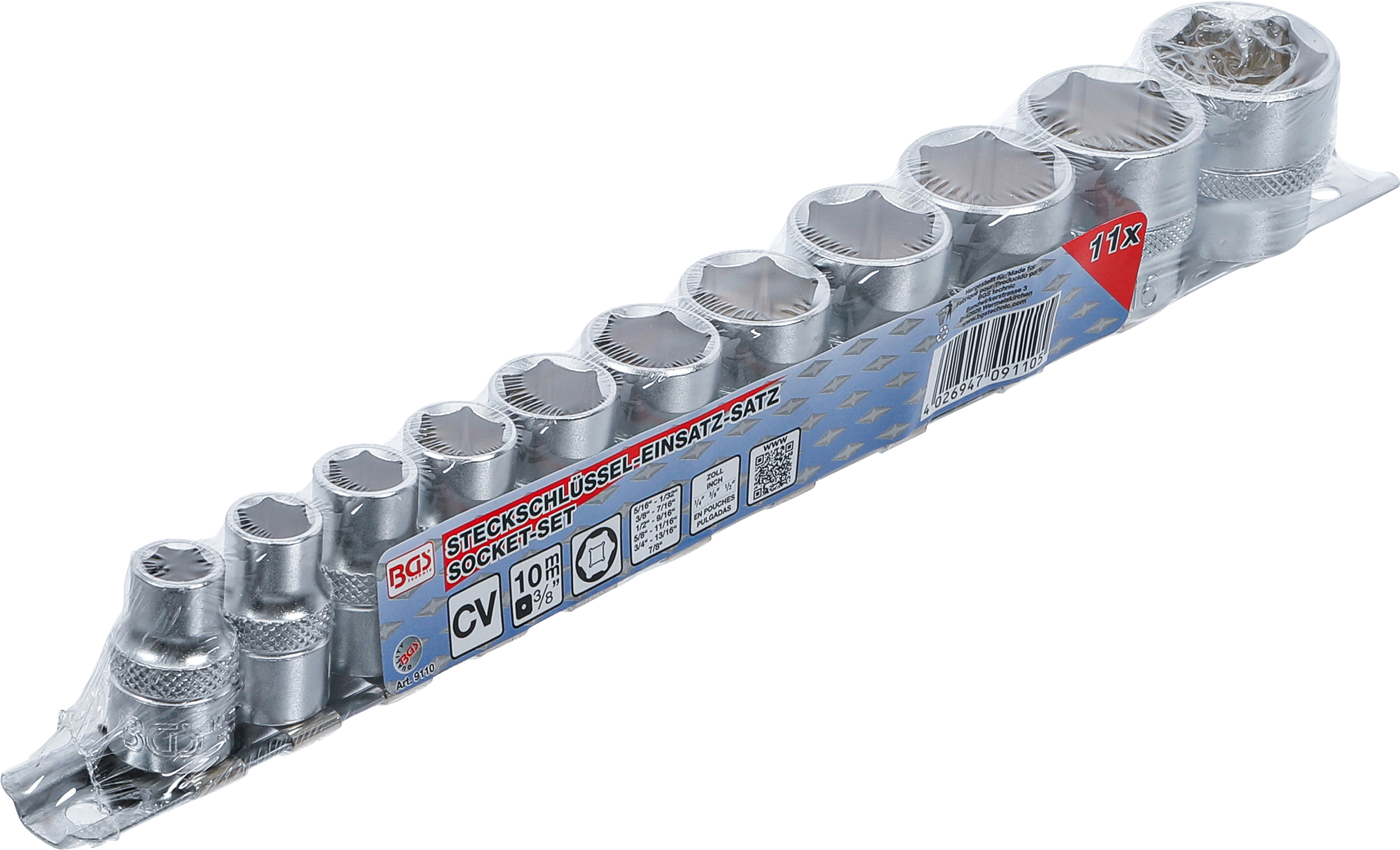 BGS Steckschlüssel-Einsatz-Satz, Sechskant | Antrieb Innenvierkant 10 mm (3/8") | SW 5/16" - 7/8" | 11-tlg.