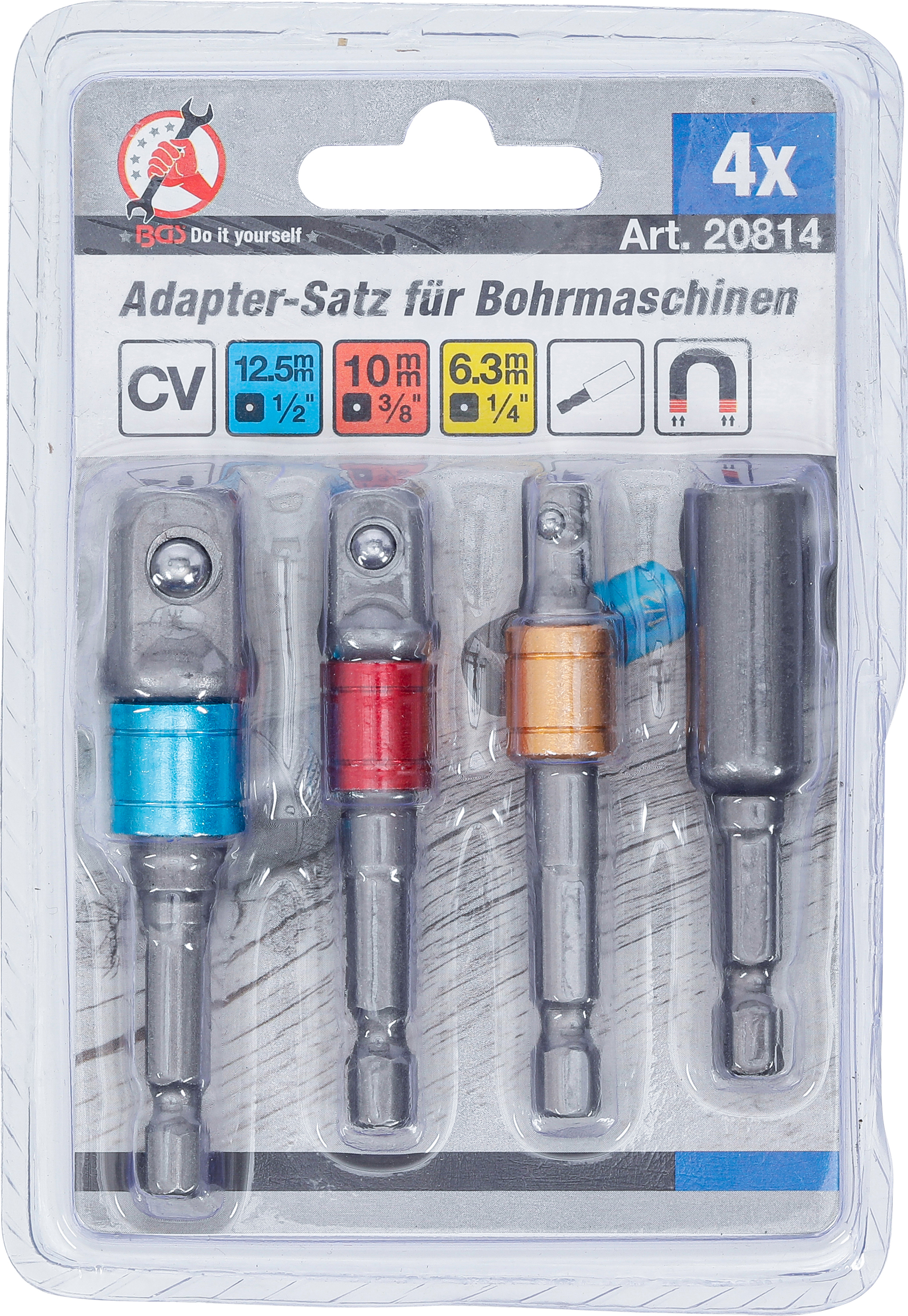 BGS Adapter-Satz für Bohrmaschinen | farbig | Antrieb Außensechskant 6,3 mm (1/4") | Abtrieb Außenvierkant 6,3 mm (1/4"), 10 mm (3/8"), 12,5 mm (1/2"), Innensechskant 6,3 mm (1/4") | 4-tlg.