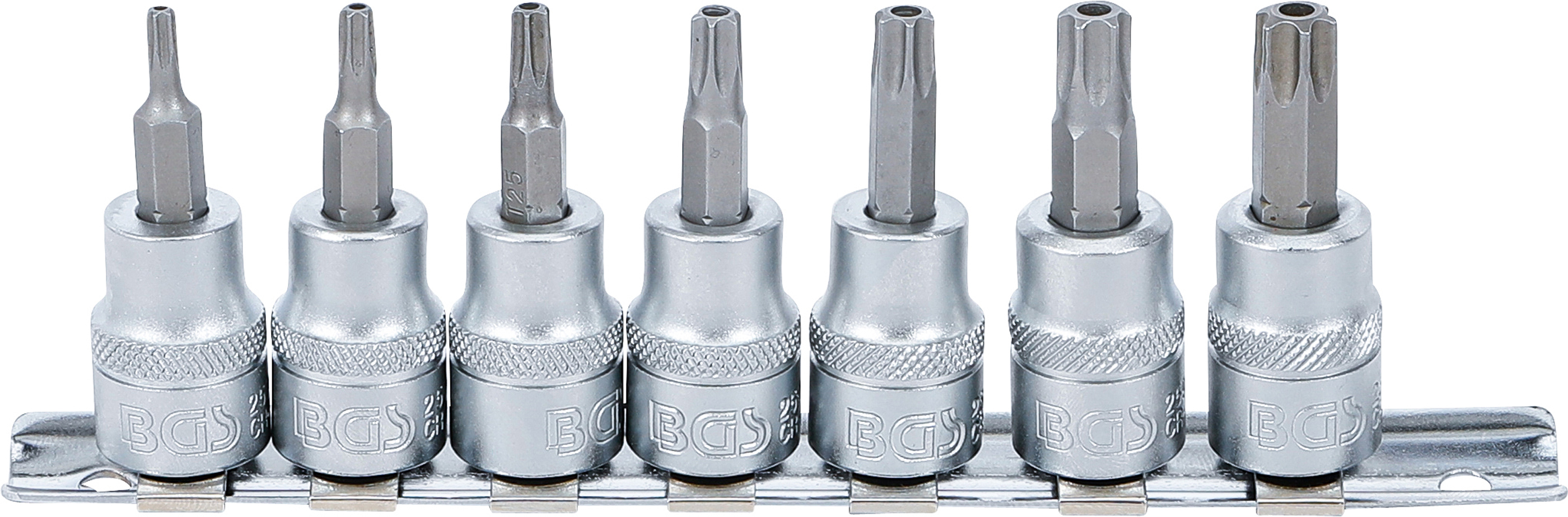 BGS Bit-Einsatz-Satz | Antrieb Innenvierkant 10 mm (3/8") | T-Profil (für Torx) mit Bohrung T15 - T50 | 7-tlg.