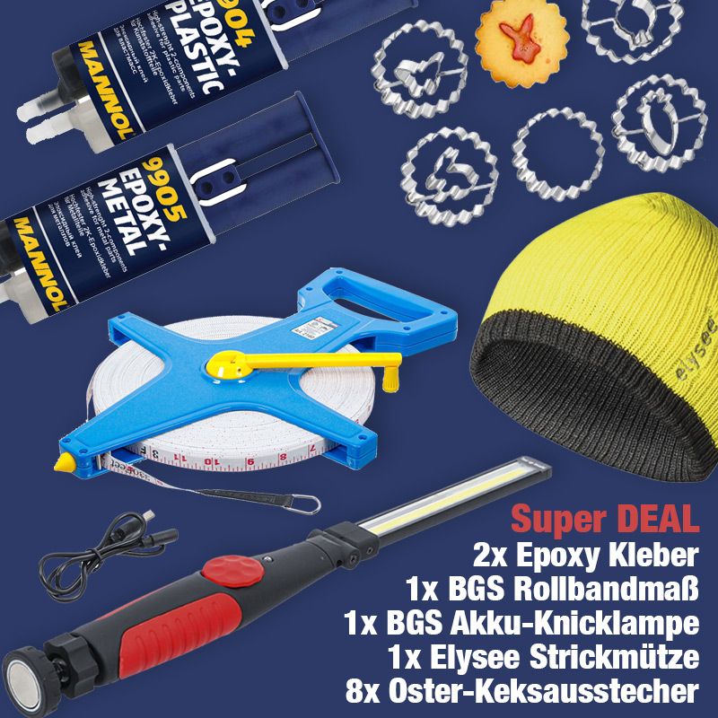 Mannol Epoxy Kleber LED Knicklampe Rollbandmaß Super DEAL +  Strickmütze + Oster Keksausstecker GRATIS