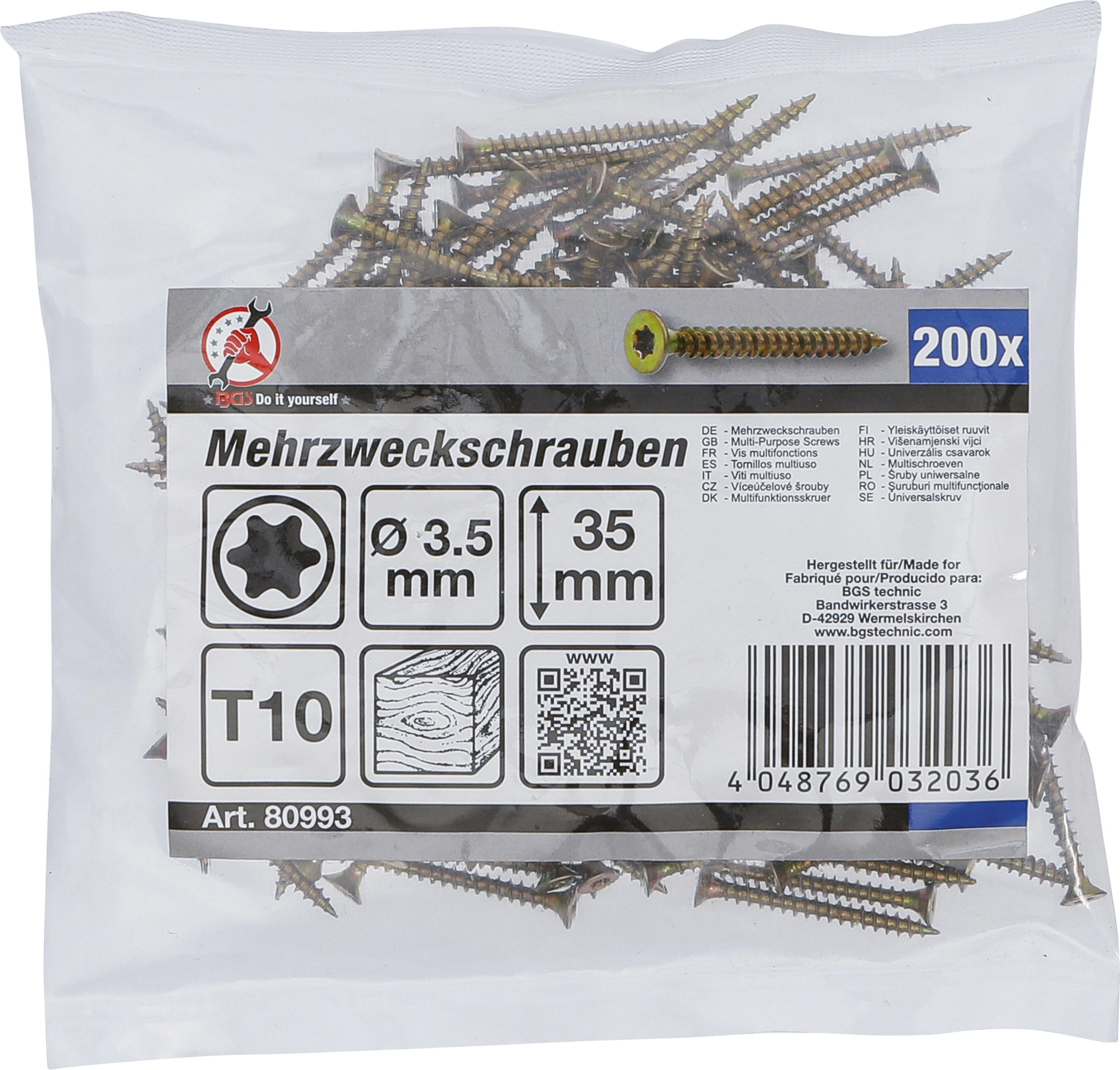 BGS Mehrzweckschrauben | T-Profil (für Torx) T10 | 3,5 x 35 mm | 200 Stück