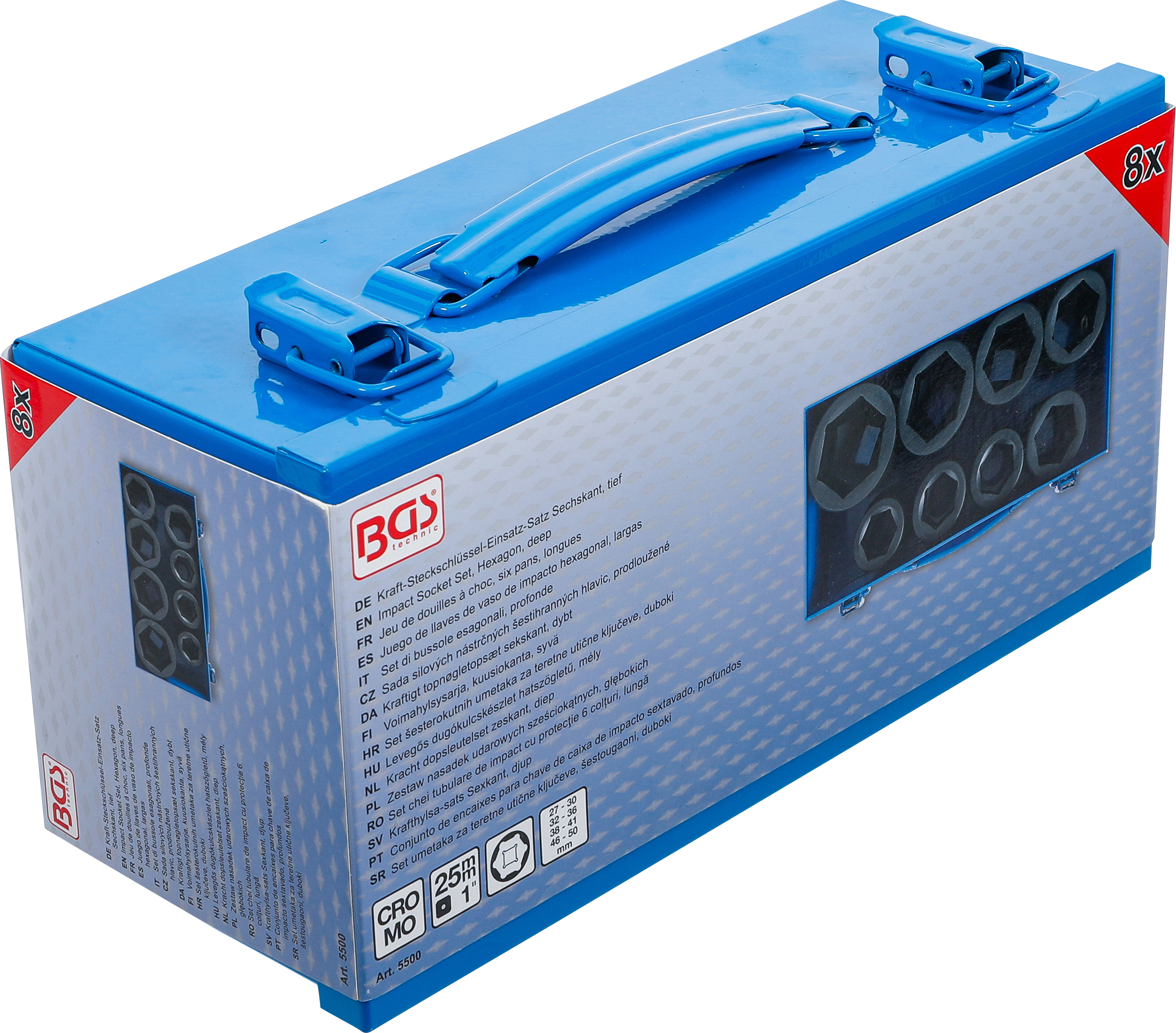 BGS Kraft-Steckschlüssel-Einsatz-Satz Sechskant, tief | Antrieb Innenvierkant 25 mm (1") | SW 27 - 50 mm | 8-tlg.