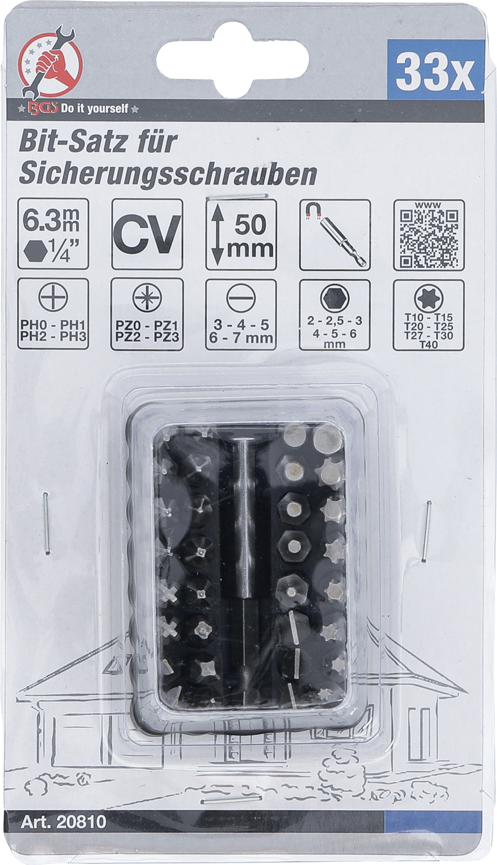 BGS Bit-Satz für Sicherungsschrauben | Antrieb Außensechskant 6,3 mm (1/4") | 33-tlg.