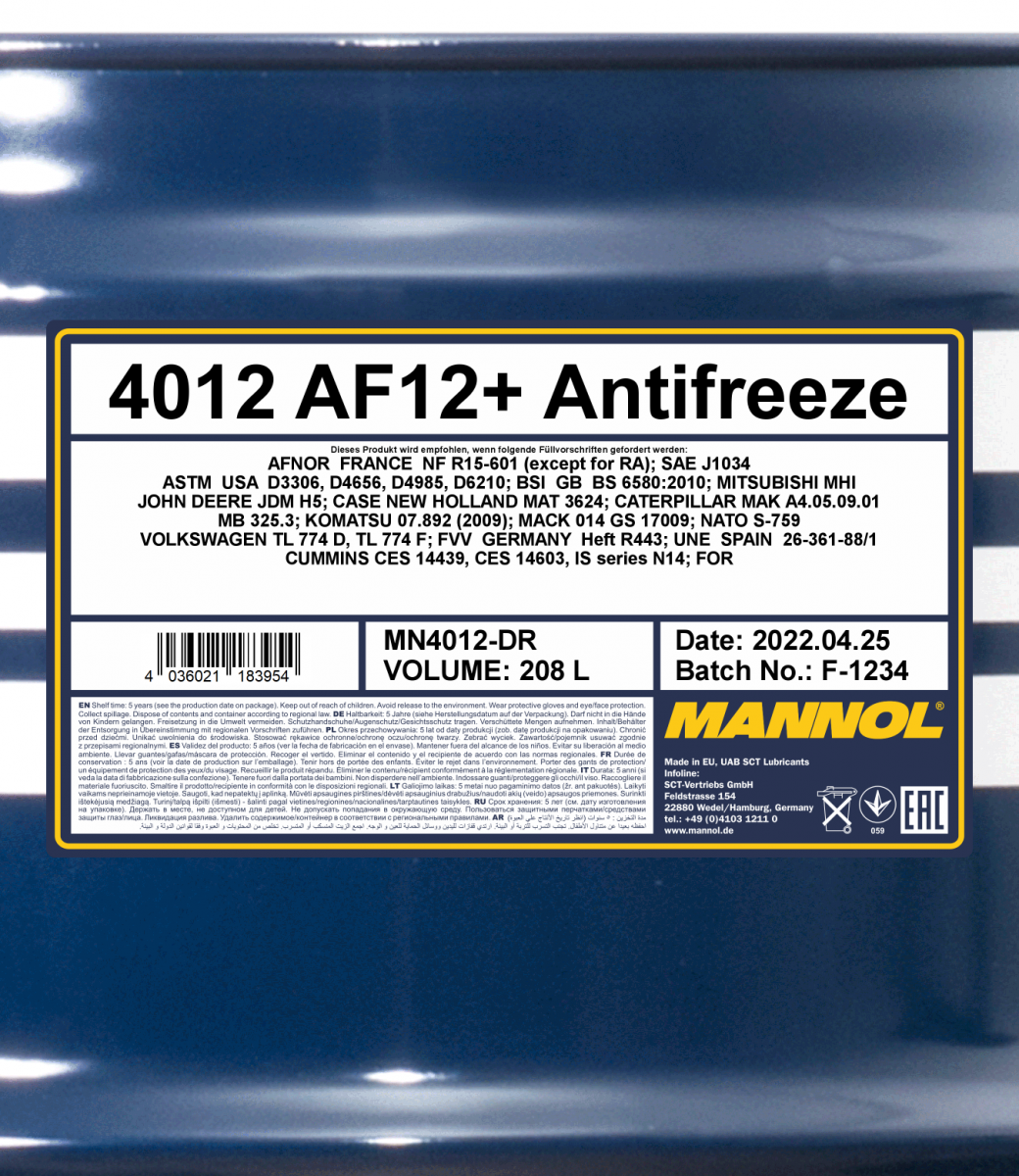 Mannol 4012 Kühlerfrostschutz Antifreeze AF12+ Longlife -40 Fertigmischung 208 Liter