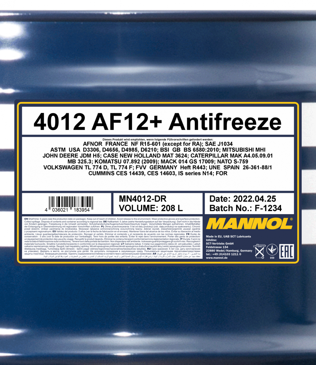 af12-_208l2 Mannol 4012 Kühlerfrostschutz Antifreeze AF12+ Longlife -40 Fertigmischung 208 Liter