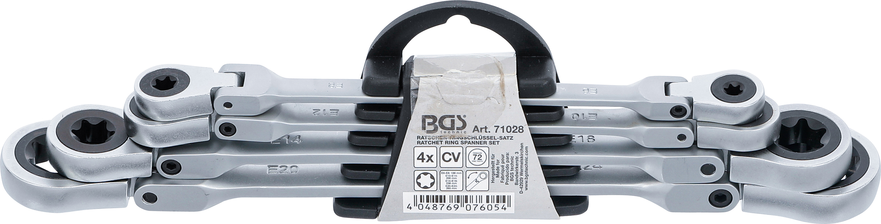 BGS Doppel-Ratschen-Ringschlüssel-Satz | abwinkelbar | mit E-Profil Ringköpfen | SW E6 - E24 | 4-tlg.