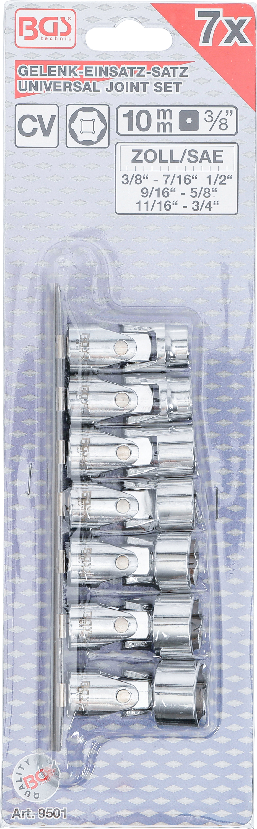 BGS Gelenk-Steckschlüssel-Satz, Sechskant | Antrieb Innenvierkant 10 mm (3/8") | SW 3/8" - 3/4" | Zollgrößen | 7-tlg.
