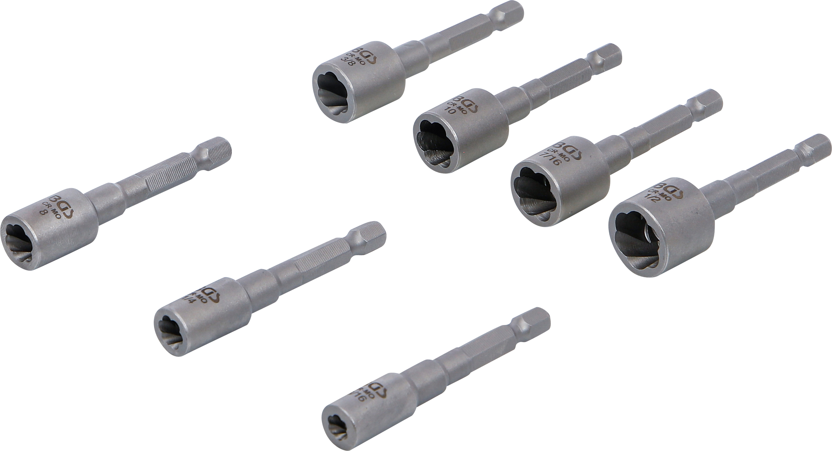 BGS Ausdreh-Satz für Schrauben und Muttern | Antrieb Außensechskant 6,3 mm (1/4") | für Bohrmaschinen | 7-tlg.