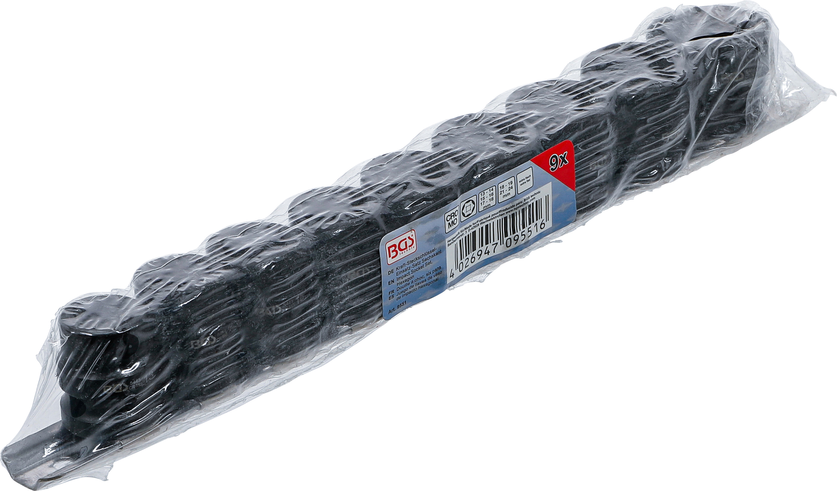 BGS Kraft-Steckschlüssel-Einsatz-Satz Sechskant, extra flach | Antrieb Innenvierkant 12,5 mm (1/2") | SW 13 - 24 mm | 9-tlg.