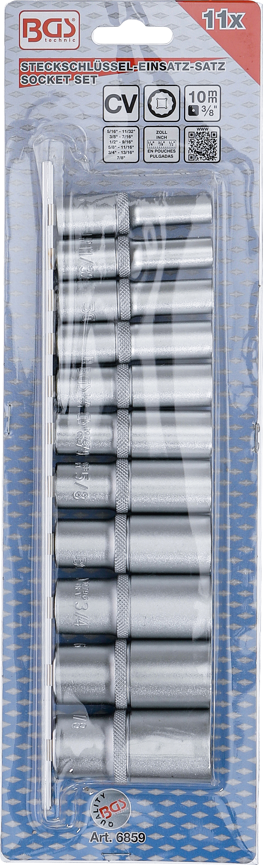 BGS Steckschlüssel-Einsatz-Satz Zwölfkant, tief | Antrieb Innenvierkant 10 mm (3/8") | Zollgrößen | 11-tlg.