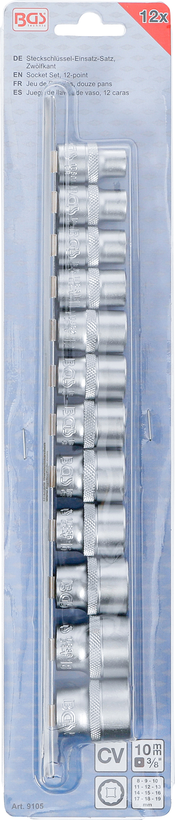 BGS Steckschlüssel-Einsatz-Satz, Zwölfkant | Antrieb Innenvierkant 10 mm (3/8") | SW 8 - 19 mm | 12-tlg.
