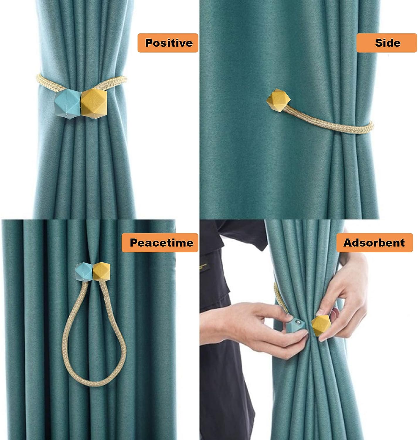ACCIEEY 4 Stück Vorhanggurte, Magnetschnallen, geflochtene Schnallen, zweifarbige Kugelgurte, Zubehör für Vorhänge, Dekoration für Zuhause, Blau + Ora