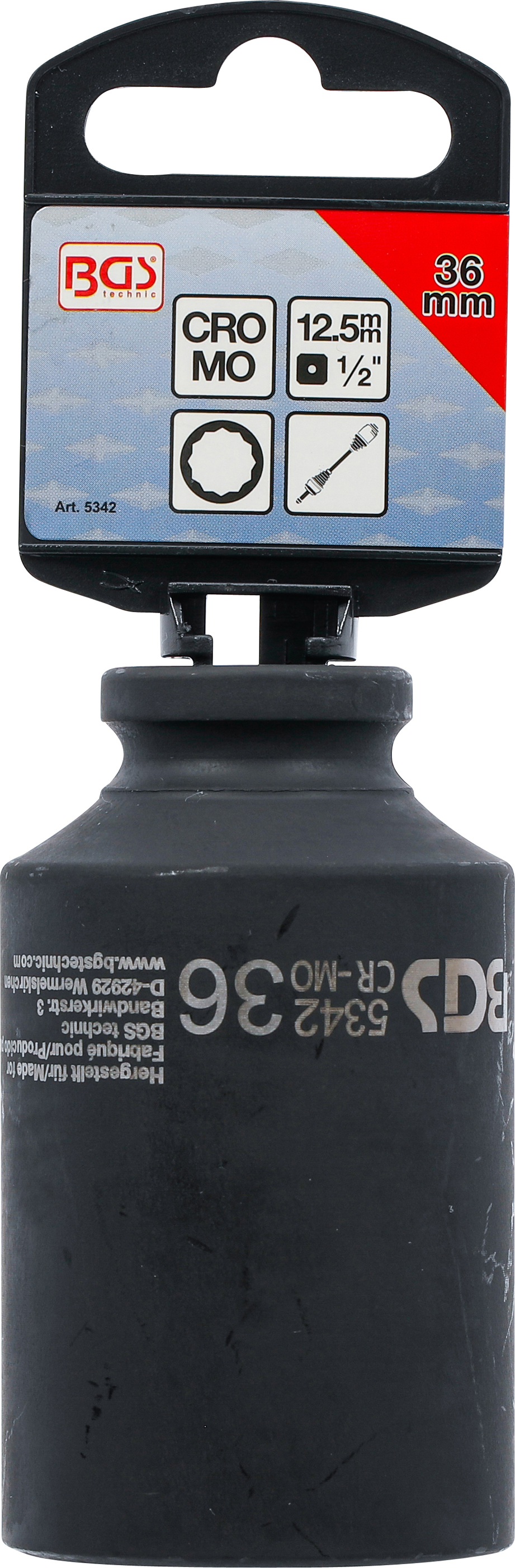 BGS Kraft-Steckschlüssel-Einsatz Zwölfkant, tief | Antrieb Innenvierkant 12,5 mm (1/2") | SW 36 mm