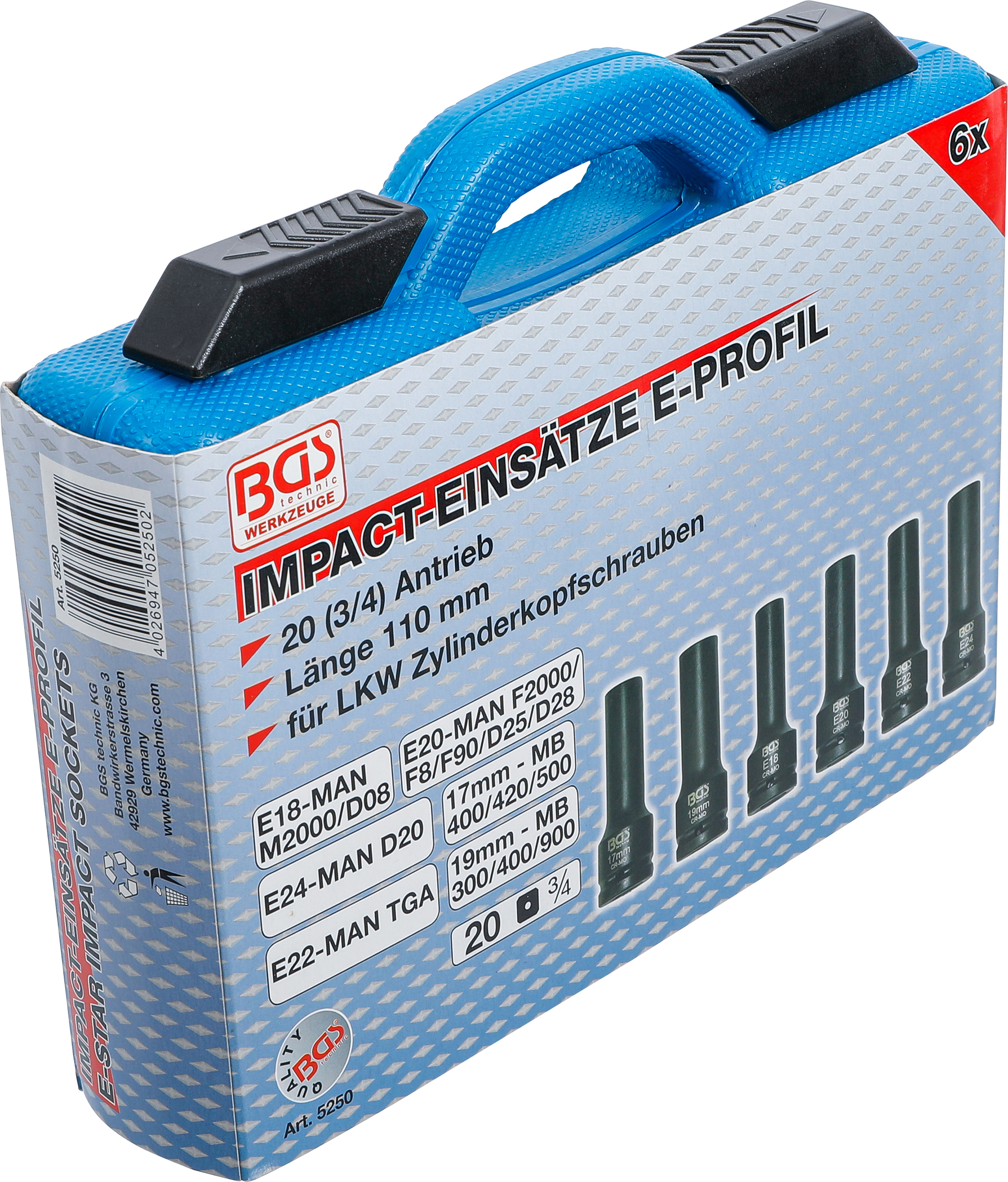 BGS Kraft-Steckschlüssel-Einsatz-Satz E-Profil, Zwölfkant | Antrieb Innenvierkant 20 mm (3/4") | 6-tlg.