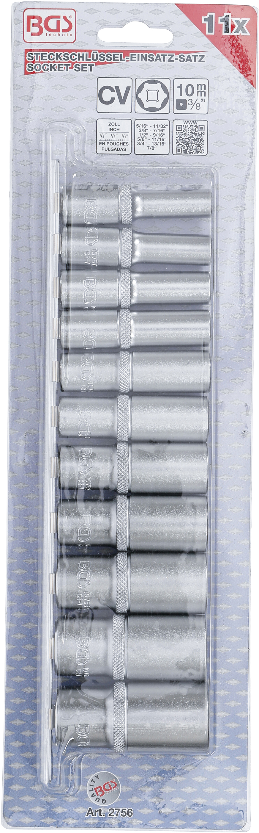 BGS Steckschlüssel-Einsatz-Satz Sechskant, tief | Antrieb Innenvierkant 10 mm (3/8") | Zollgrößen | 11-tlg.