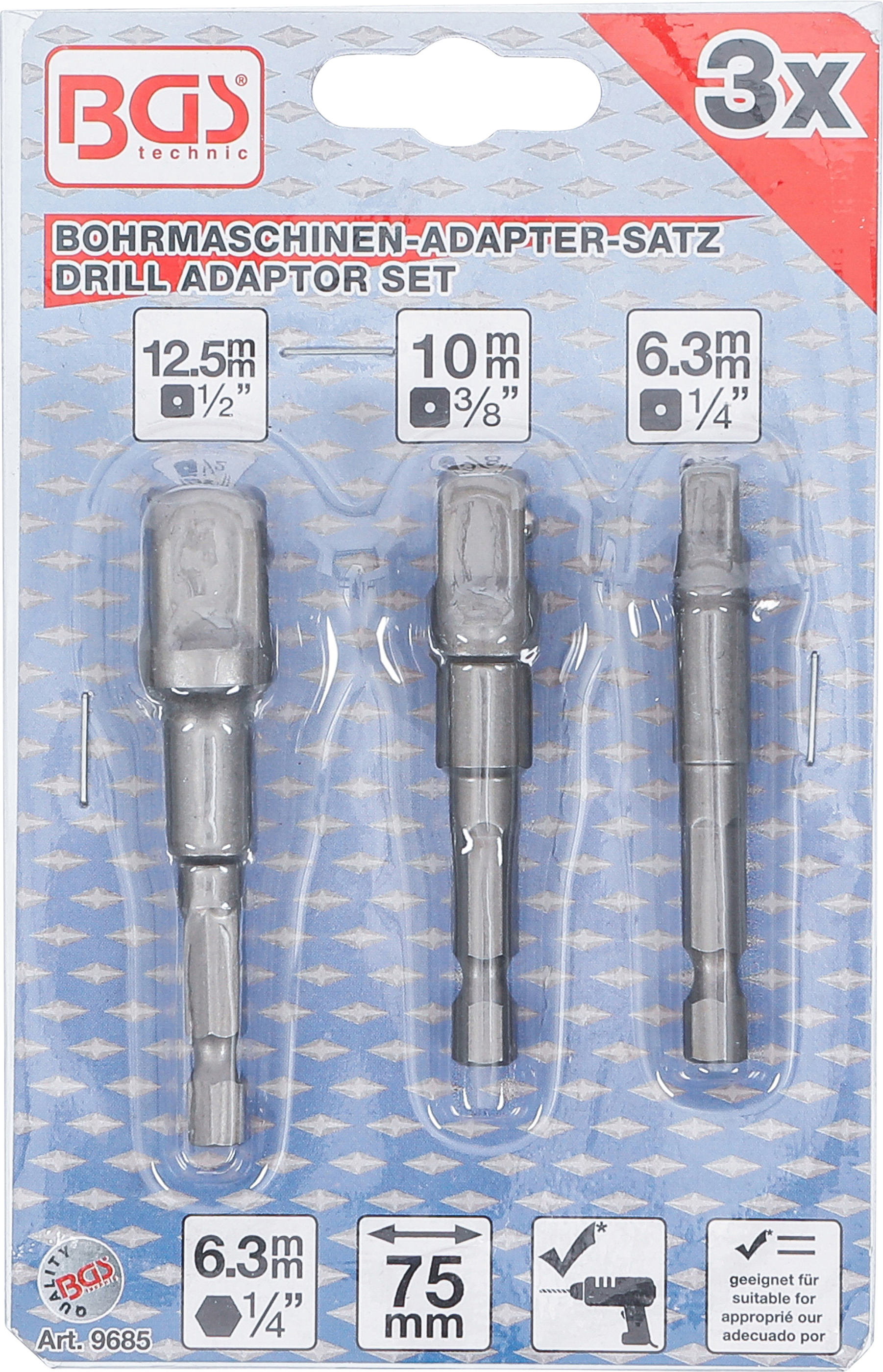 BGS Adapter-Satz für Bohrmaschinen | Außensechskant Antrieb 6,3 mm (1/4") | Abtrieb Außenvierkant 6,3 mm (1/4"), 10 mm (3/8"), 12,5 mm (1/2") | 3-tlg.