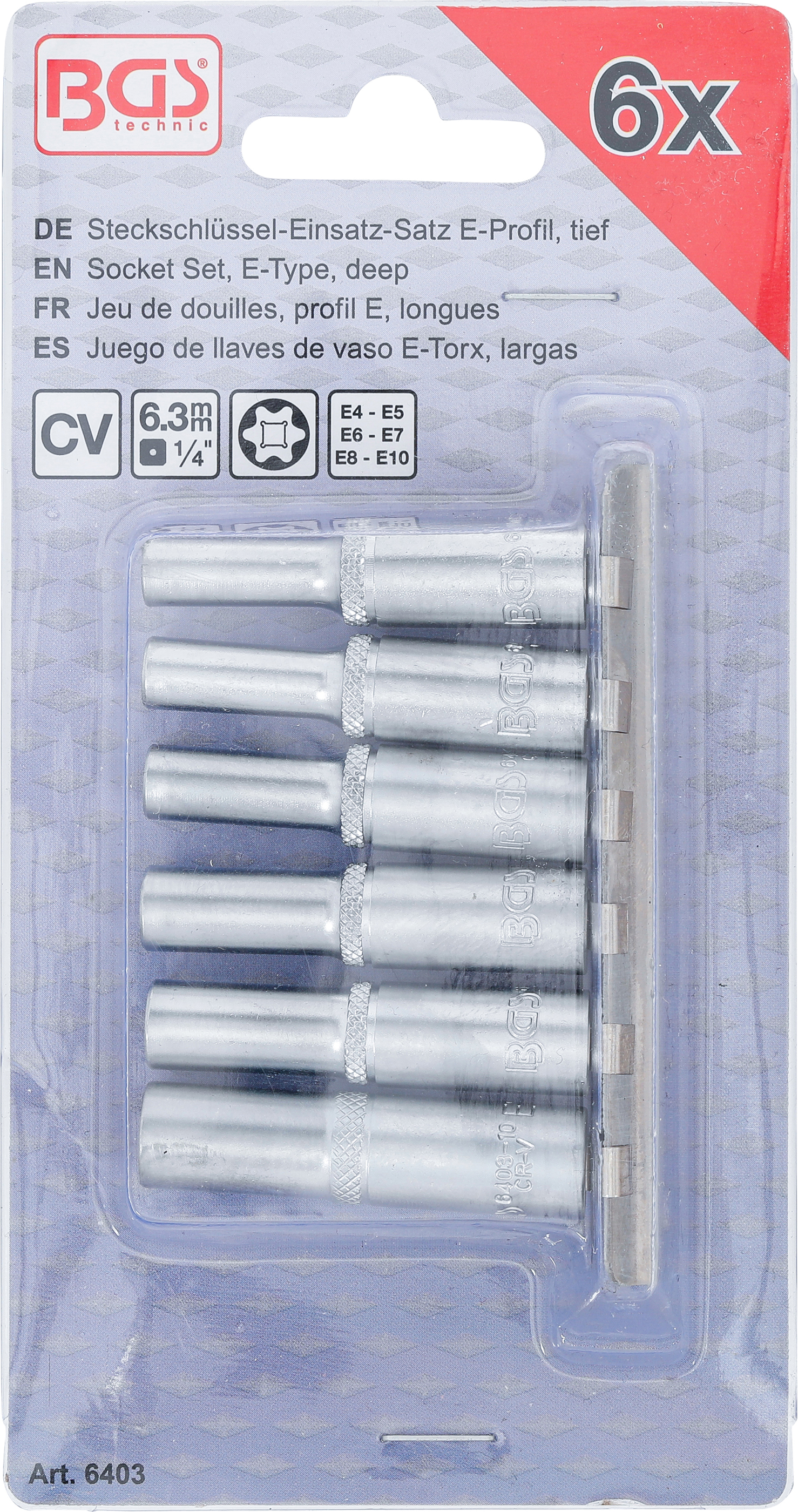 BGS Steckschlüssel-Einsatz-Satz E-Profil, tief | Antrieb innenvierkant 6,3 mm (1/4") | SW E4 - E10 | 6-tlg.