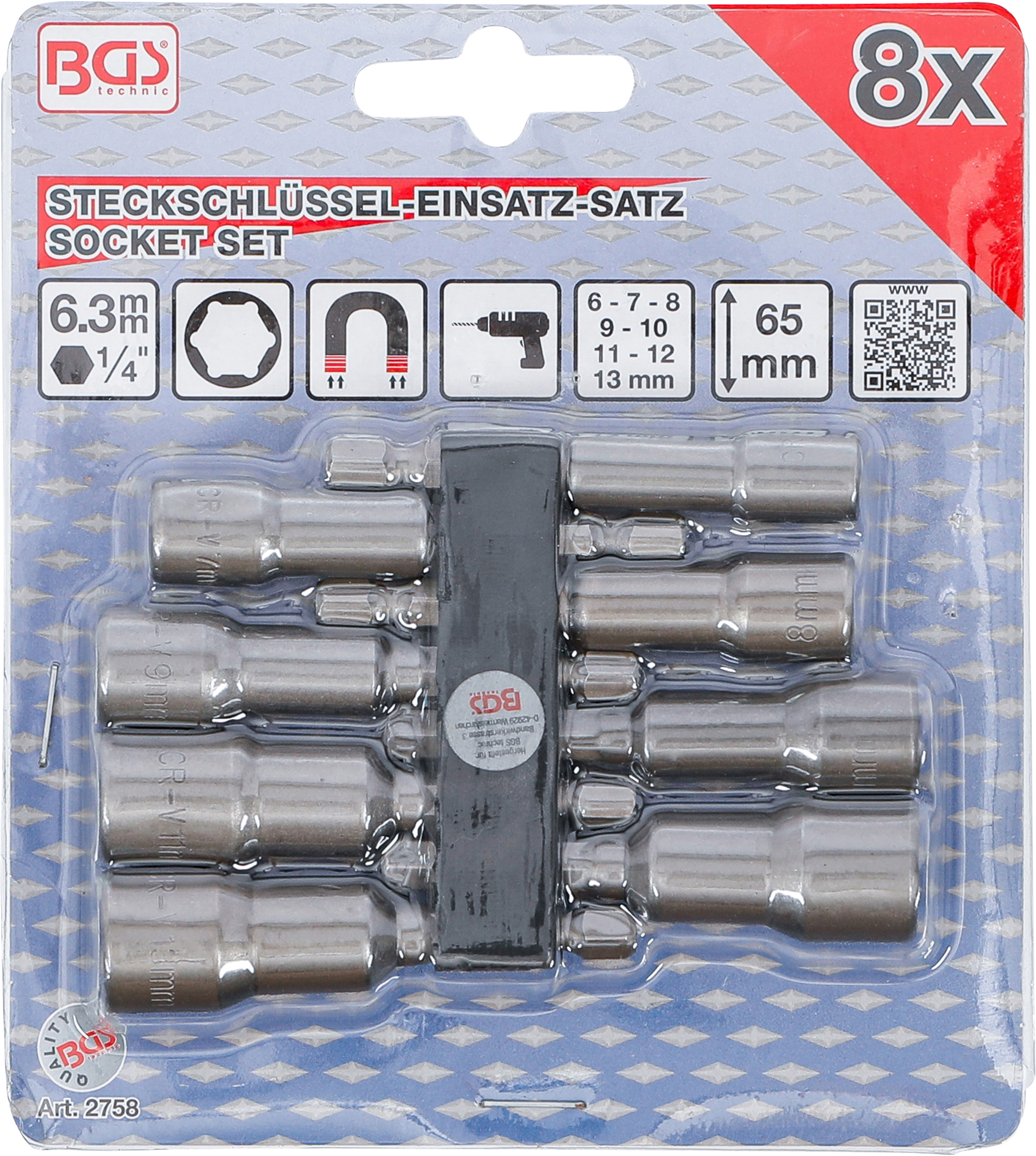 BGS Steckschlüssel-Einsatz-Satz Sechskant | Antrieb Außensechskant 6,3 mm (1/4") | SW 6 - 13 mm | 8-tlg.
