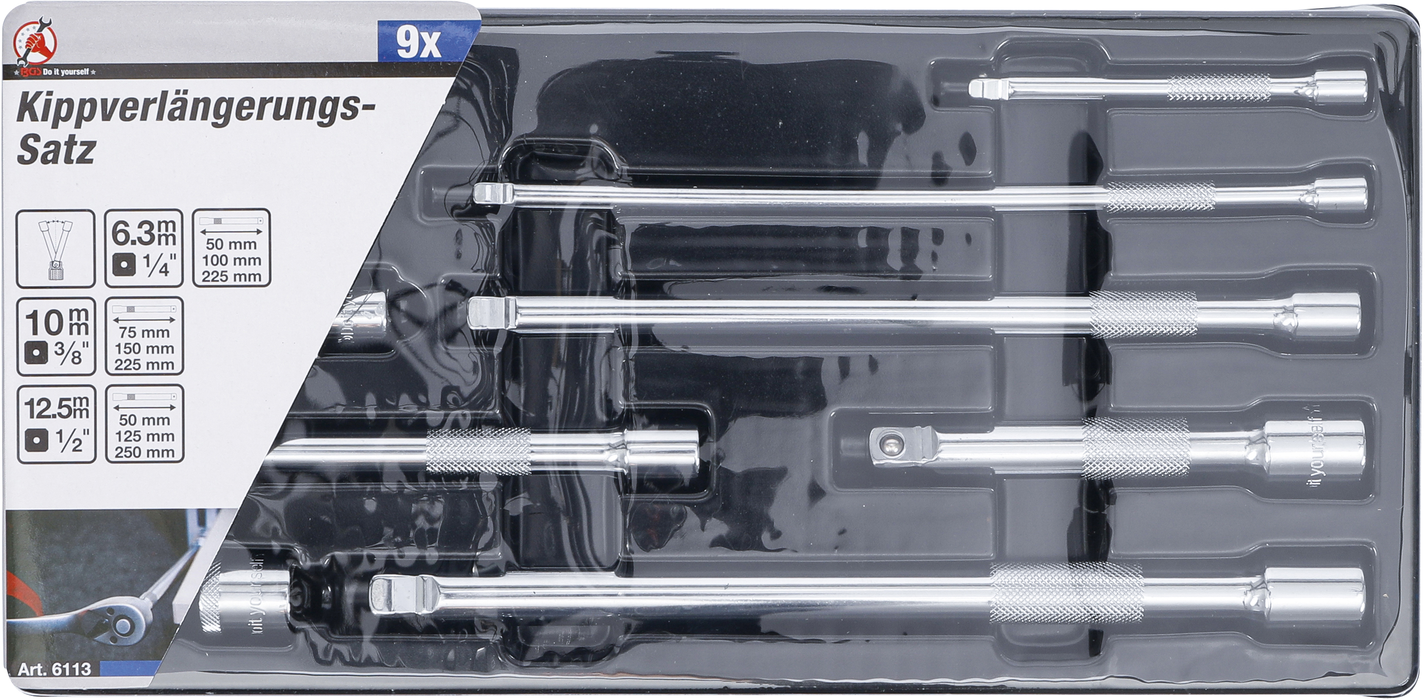BGS Kippverlängerungs-Satz | 6,3 mm (1/4") / 10 mm (3/8") / 12,5 mm (1/2") | 9-tlg.