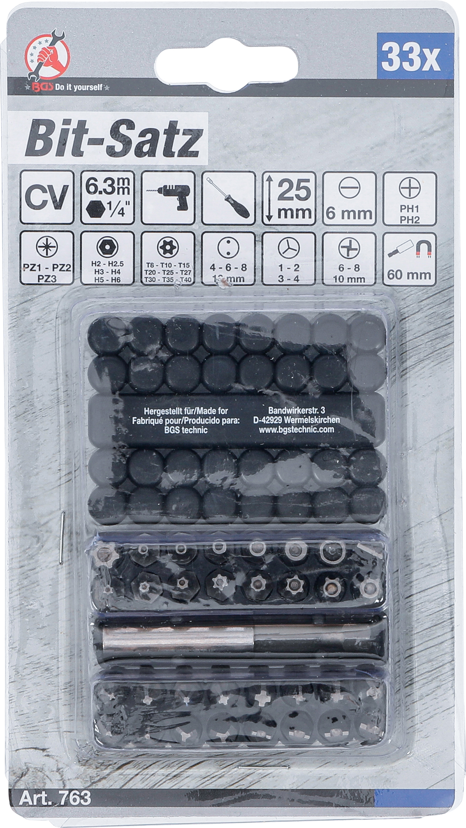 BGS Bit-Satz | kurz | Antrieb Außensechskant 6,3 mm (1/4") | verschiedene Profile | 33-tlg.