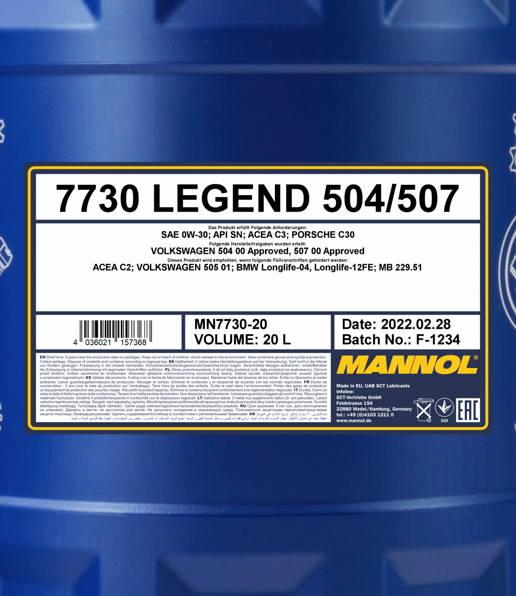 0W-30 Mannol 7730 Legend 504 507 für VW Audi Skoda Motoröl 20 Liter