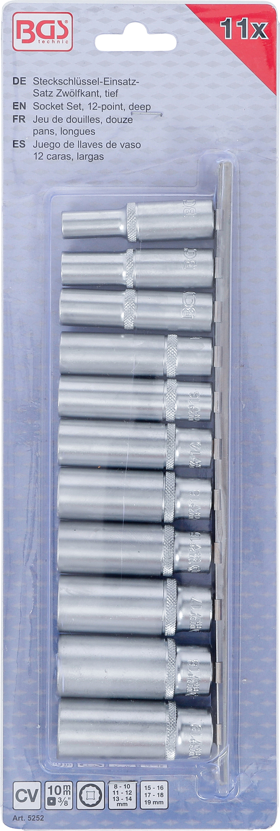 BGS Steckschlüssel-Einsatz-Satz Zwölfkant, tief | Antrieb Innenvierkant 10 mm (3/8") | SW 8 - 19 mm | 11-tlg.