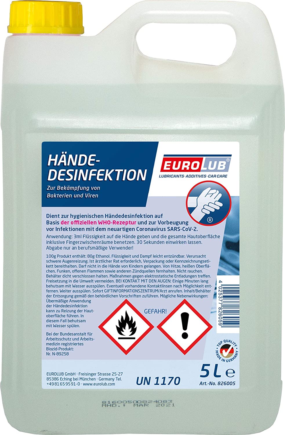 Eurolub Händedesinfektion Desinfektionsmittel Kanister 25 Liter