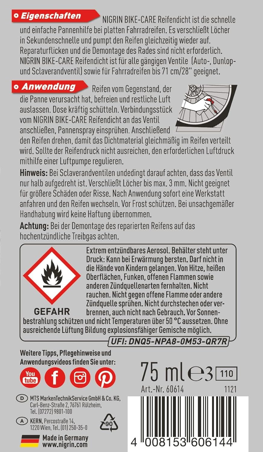 Nigrin Bike Care Reifen Dicht für Fahrräder Reifendicht 75 ml