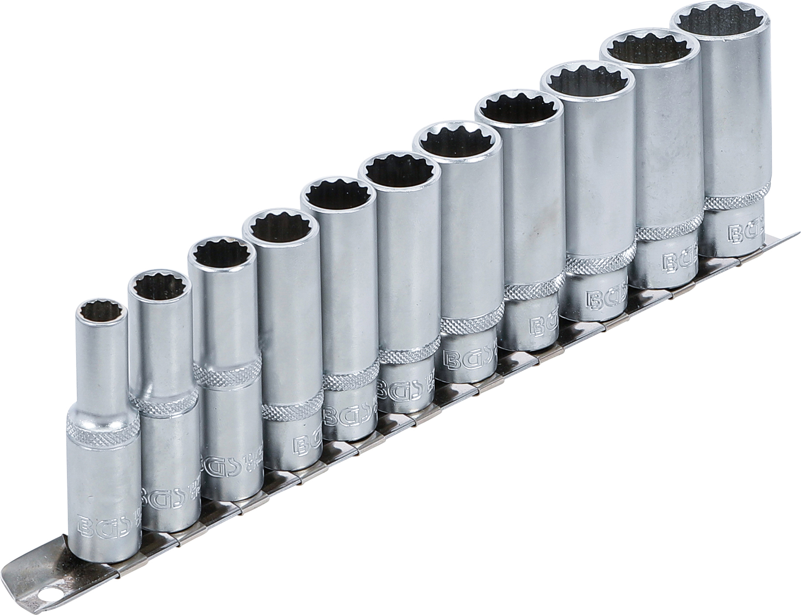BGS Steckschlüssel-Einsatz-Satz Zwölfkant, tief | Antrieb Innenvierkant 10 mm (3/8") | SW 8 - 19 mm | 11-tlg.
