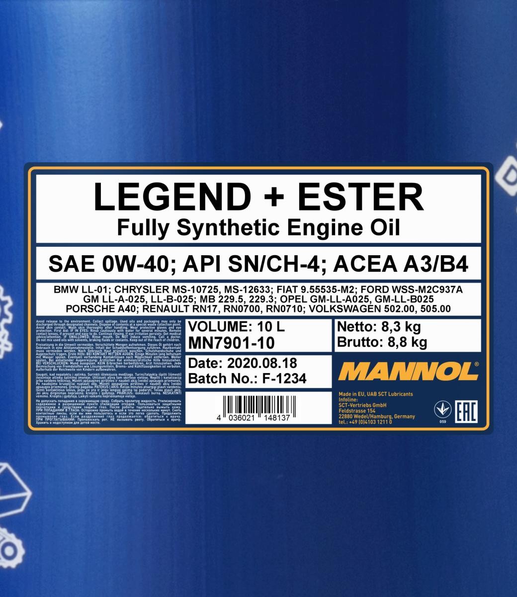 0W-40 Mannol 7901 Legend + Ester Motoröl 10 Liter
