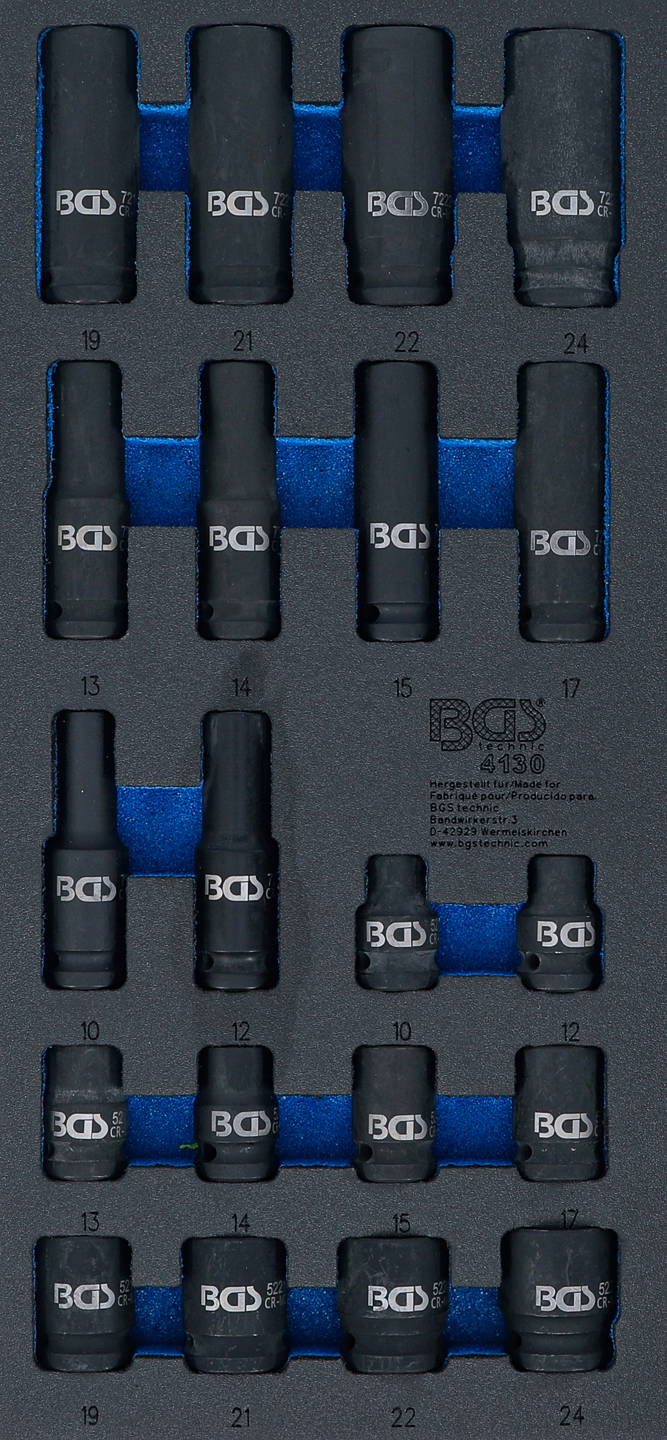 BGS Werkstattwageneinlage 1/3: Kraft-Steckschlüssel-Einsätze Sechskant | 12,5 mm (1/2") | 10 - 24 mm | 20-tlg.