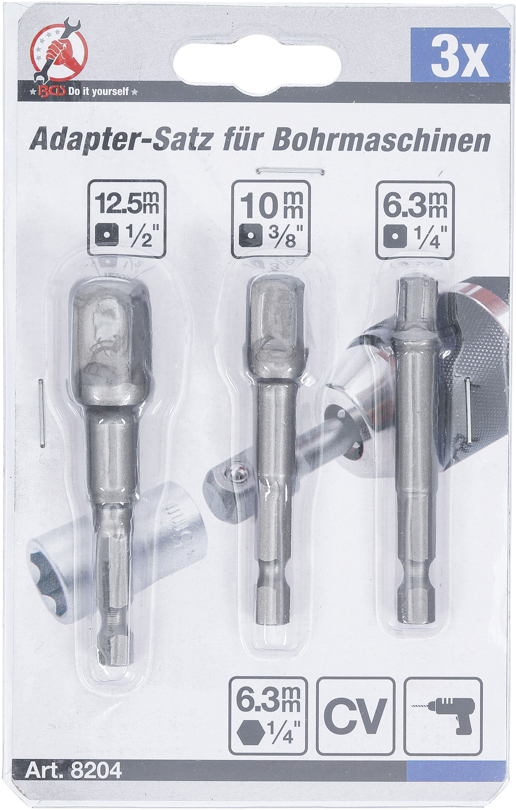 BGS Adapter-Satz für Bohrmaschinen | Antrieb Außensechskant 6,3 mm (1/4") | Abtrieb Außenvierkant 6,3 mm (1/4") / 10 mm (3/8") / 12,5 mm (1/2") | 3-tlg.