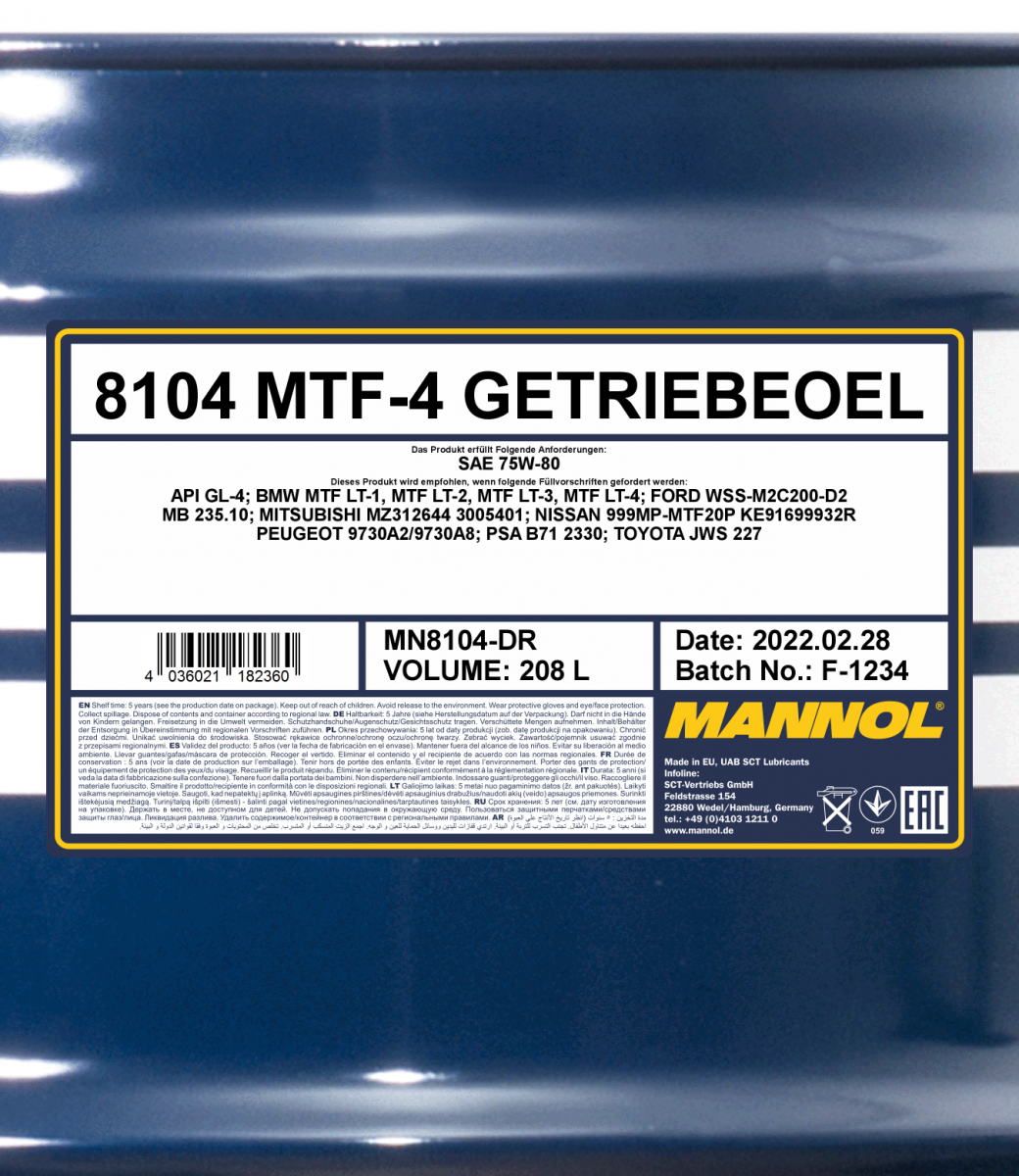 75W-80 Mannol 8104 MTF-4 Getriebeöl 208 Liter