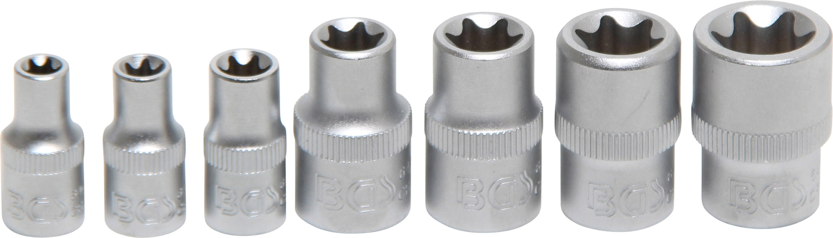 BGS Steckschlüssel-Einsatz-Satz E-Profil | Antrieb Innenvierkant 6,3 mm (1/4") / 10 mm (3/8") | SW E6 - E16 | 7 tlg.