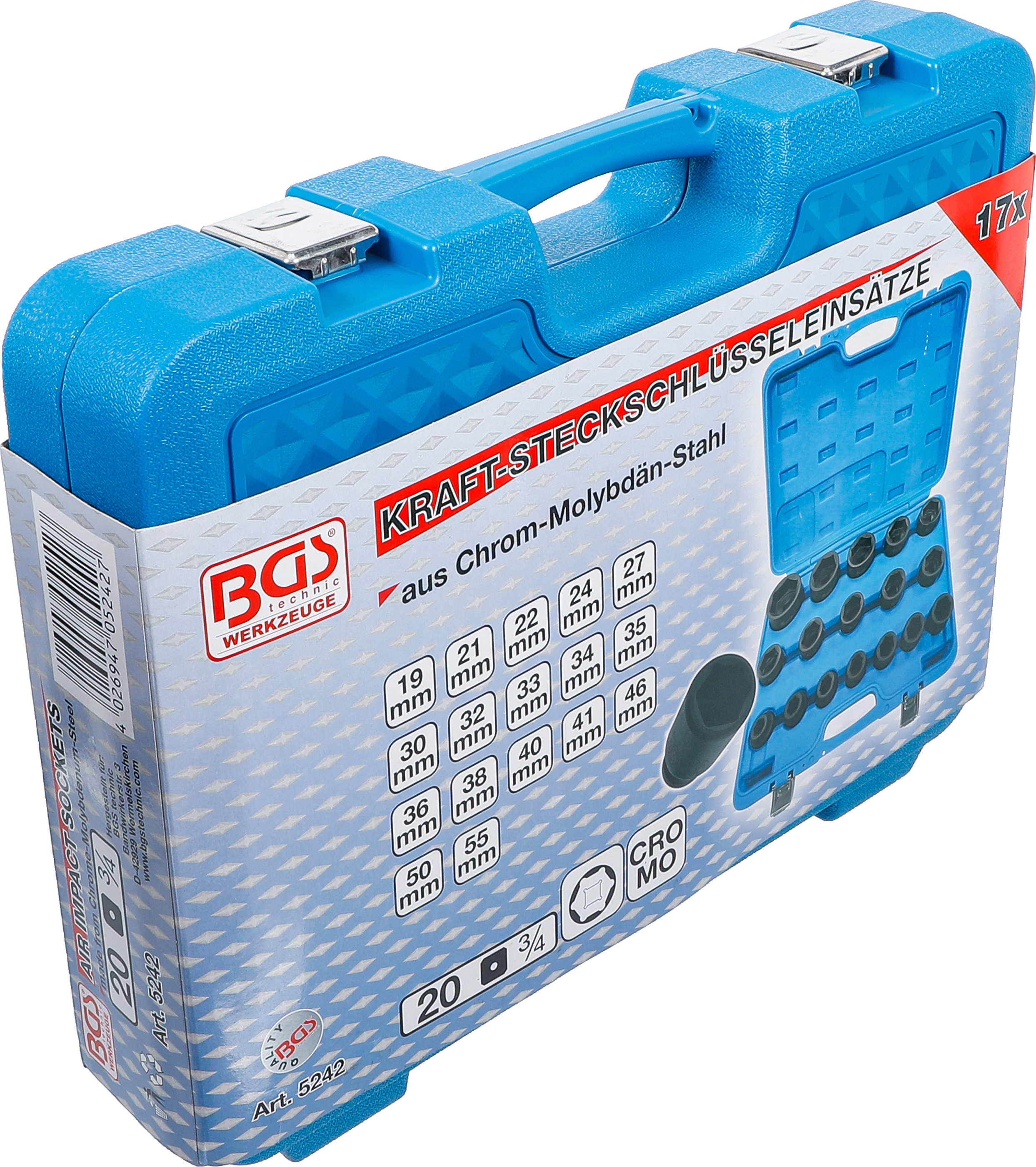 BGS Kraft-Steckschlüssel-Einsatz-Satz | Antrieb Innenvierkant 20 mm (3/4") | SW 19 - 55 mm | 17-tlg.