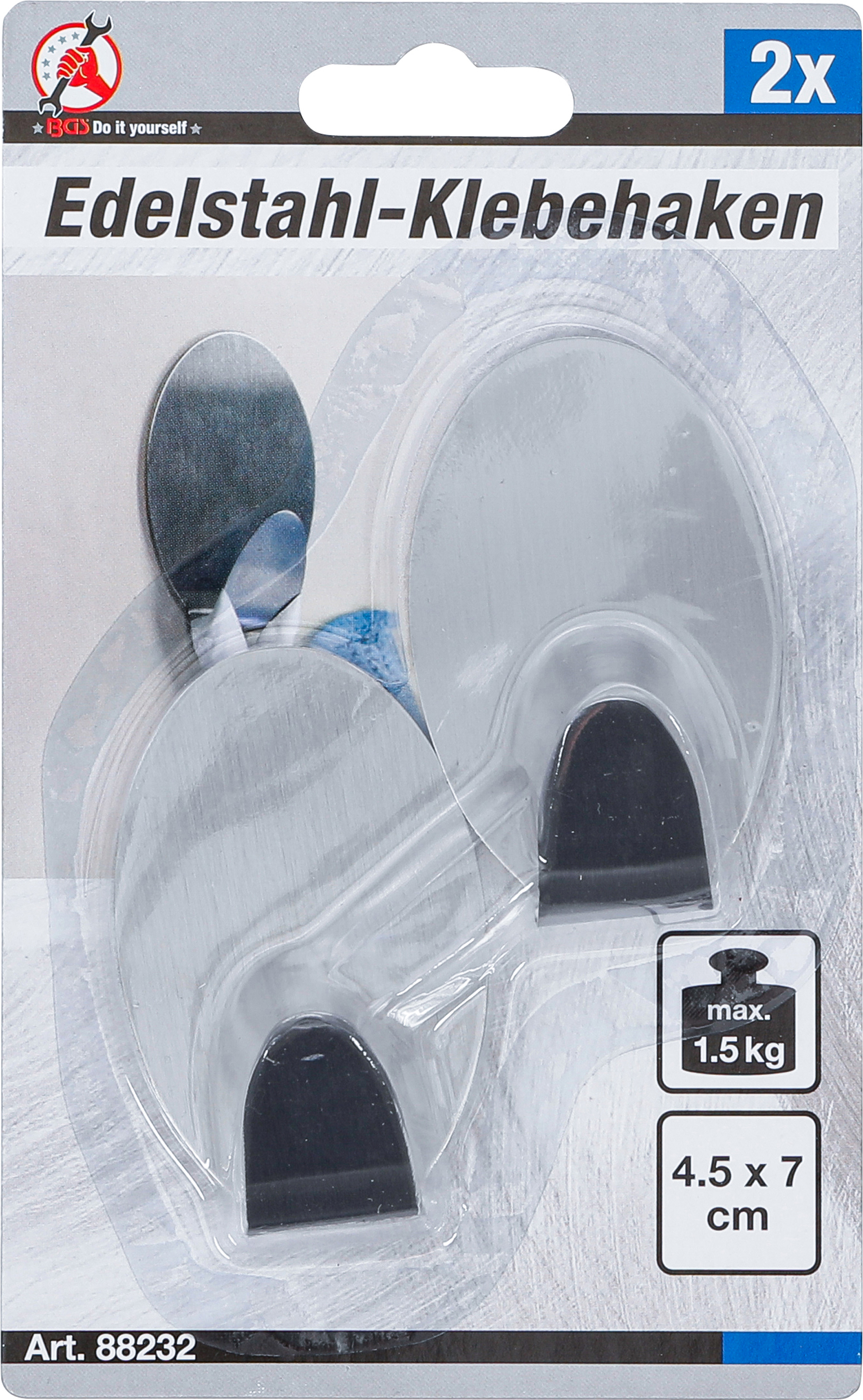 BGS Edelstahl-Klebehaken | 45 x 70 mm | 1,5 kg | 2-tlg.