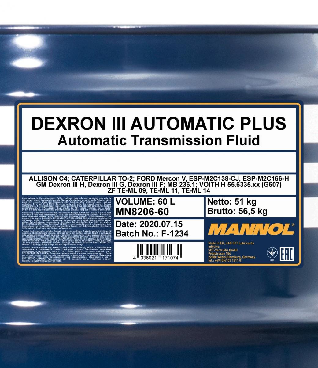 Mannol 8206 ATF Dexron III Automatic Plus DIII 60 Liter