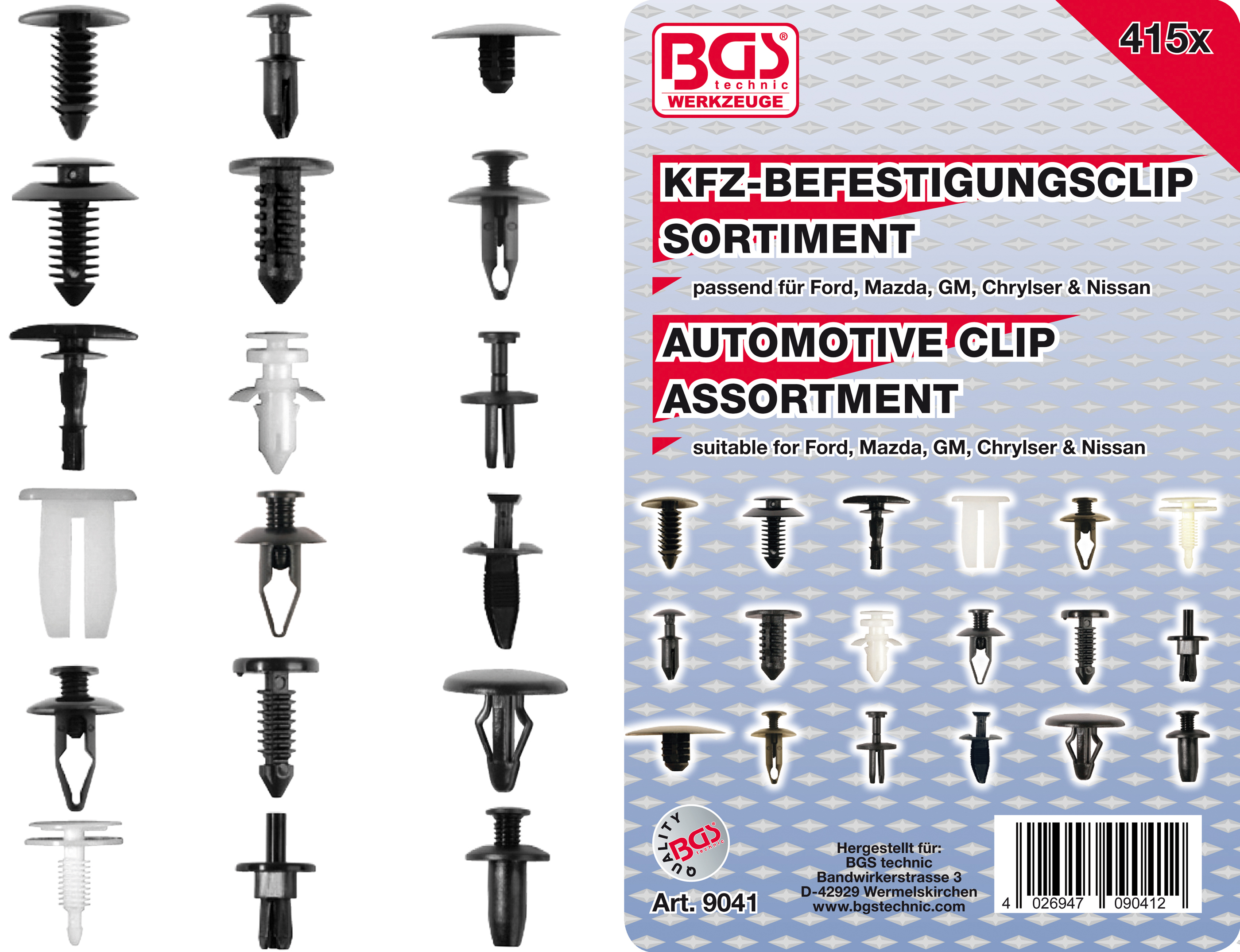 BGS Technic KFZ Befestigungsclip Sortiment für Ford Mazda GM Chrysler Nissan 415tlg