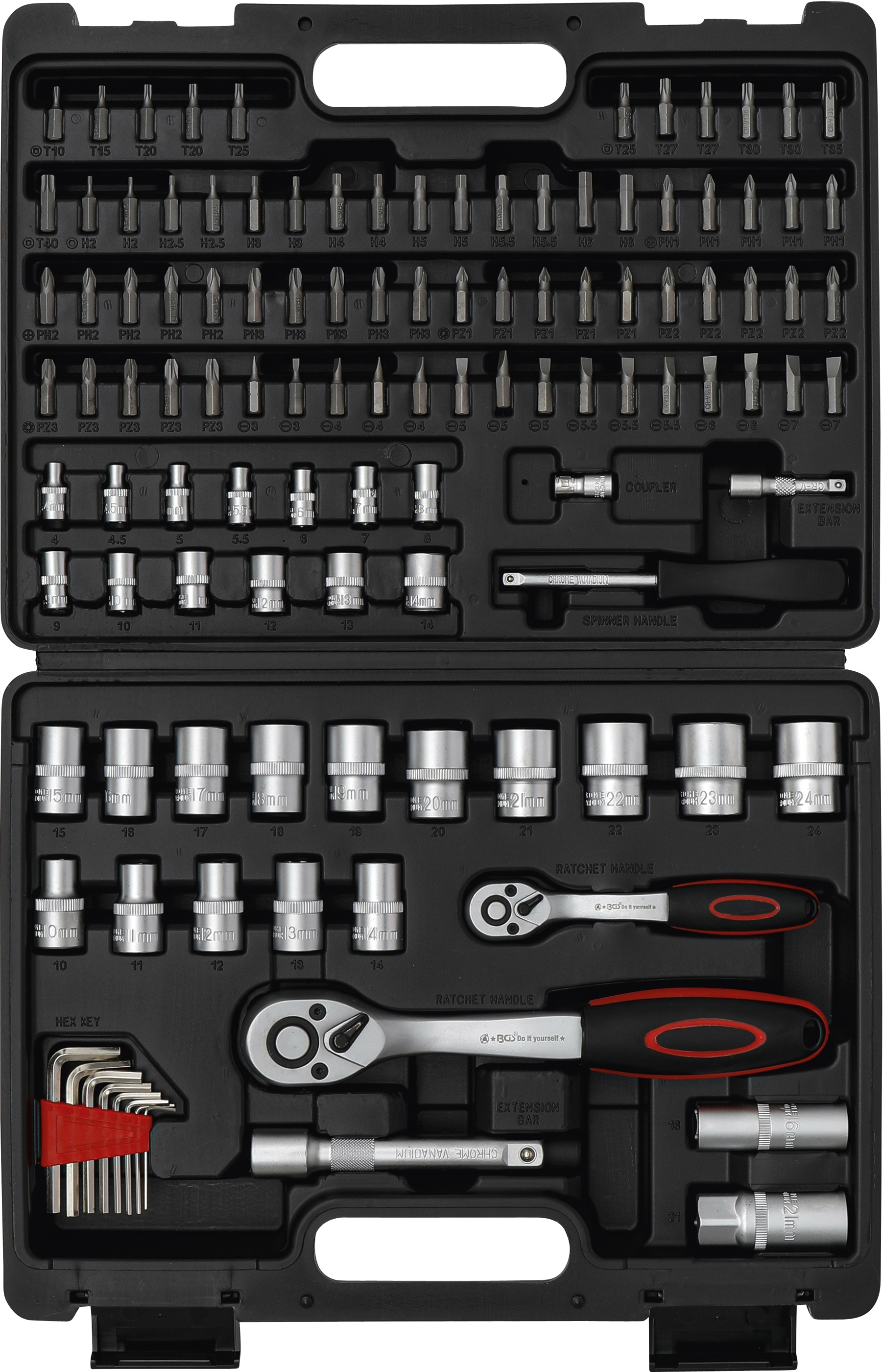 BGS Steckschlüssel-Satz Wellenprofil | Antrieb 6,3 mm (1/4") / 12,5 mm (1/2") | 115-tlg.