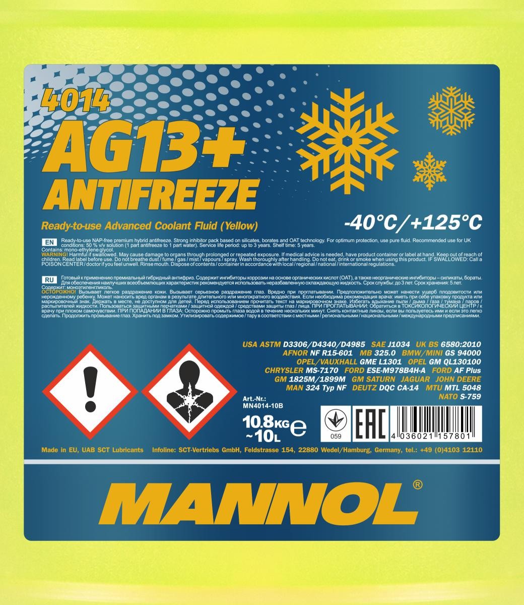 Mannol 4014 Kühlerfrostschutz Antifreeze AG13+ Advanced -40 Fertigmischung 10 Liter