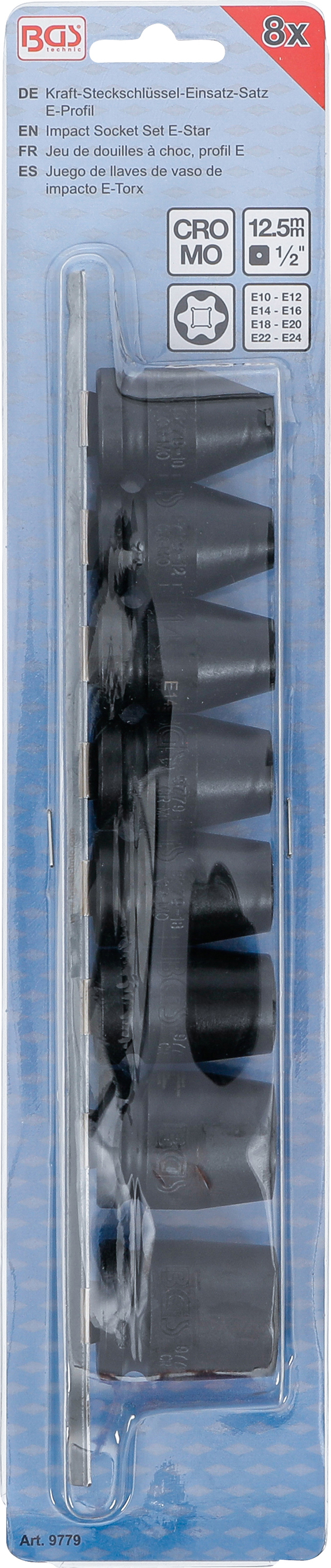 BGS Kraft-Steckschlüssel-Einsatz-Satz E-Profil | Antrieb Innenvierkant 12,5 mm (1/2") | SW E10 - E24 | 8-tlg.