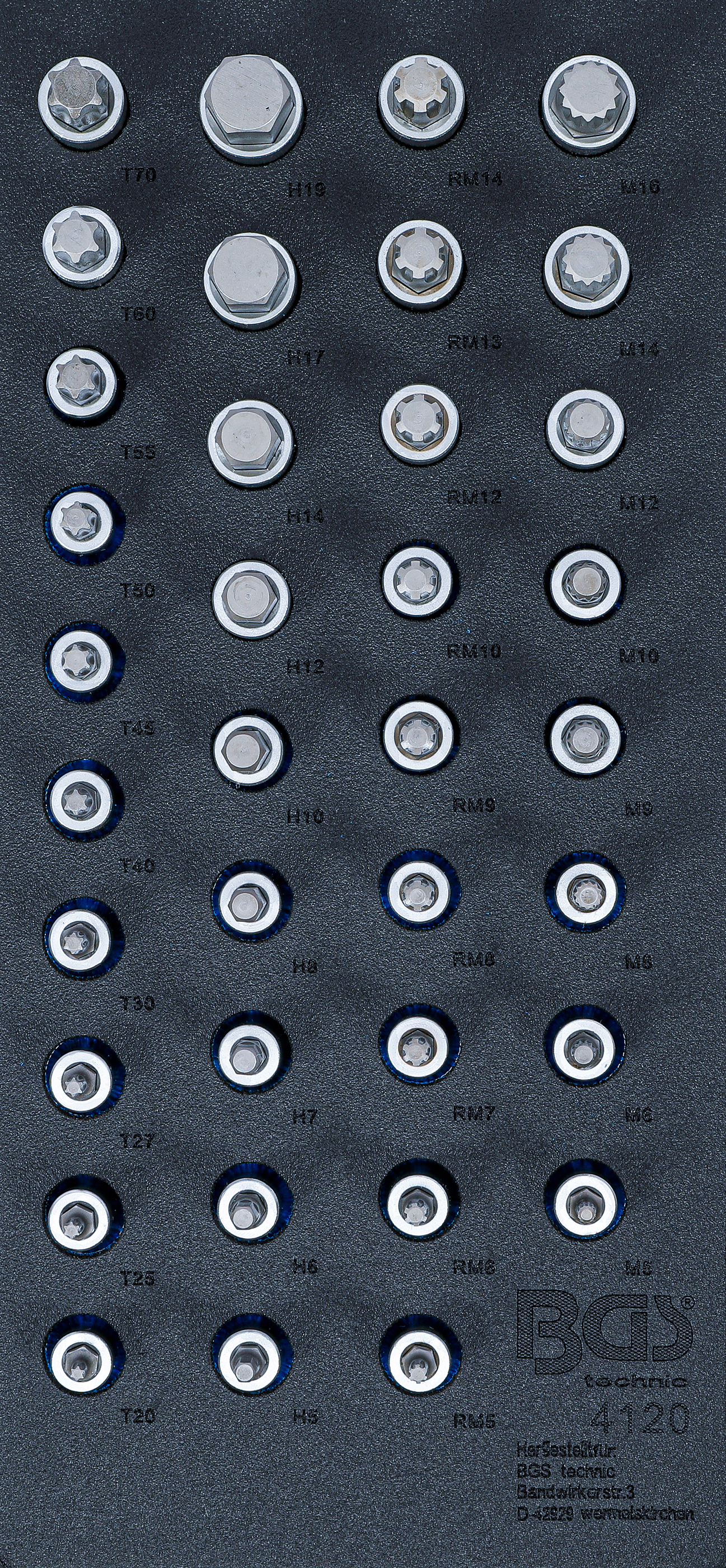 BGS Werkstattwageneinlage 1/3: Bit-Einsatz-Satz | Antrieb Innenvierkant 12,5 mm (1/2") | Innensechskant, T-Profil (für Torx), Innenvielzahn (für XZN), Keil-Profil (für RIBE) | 36-tlg.