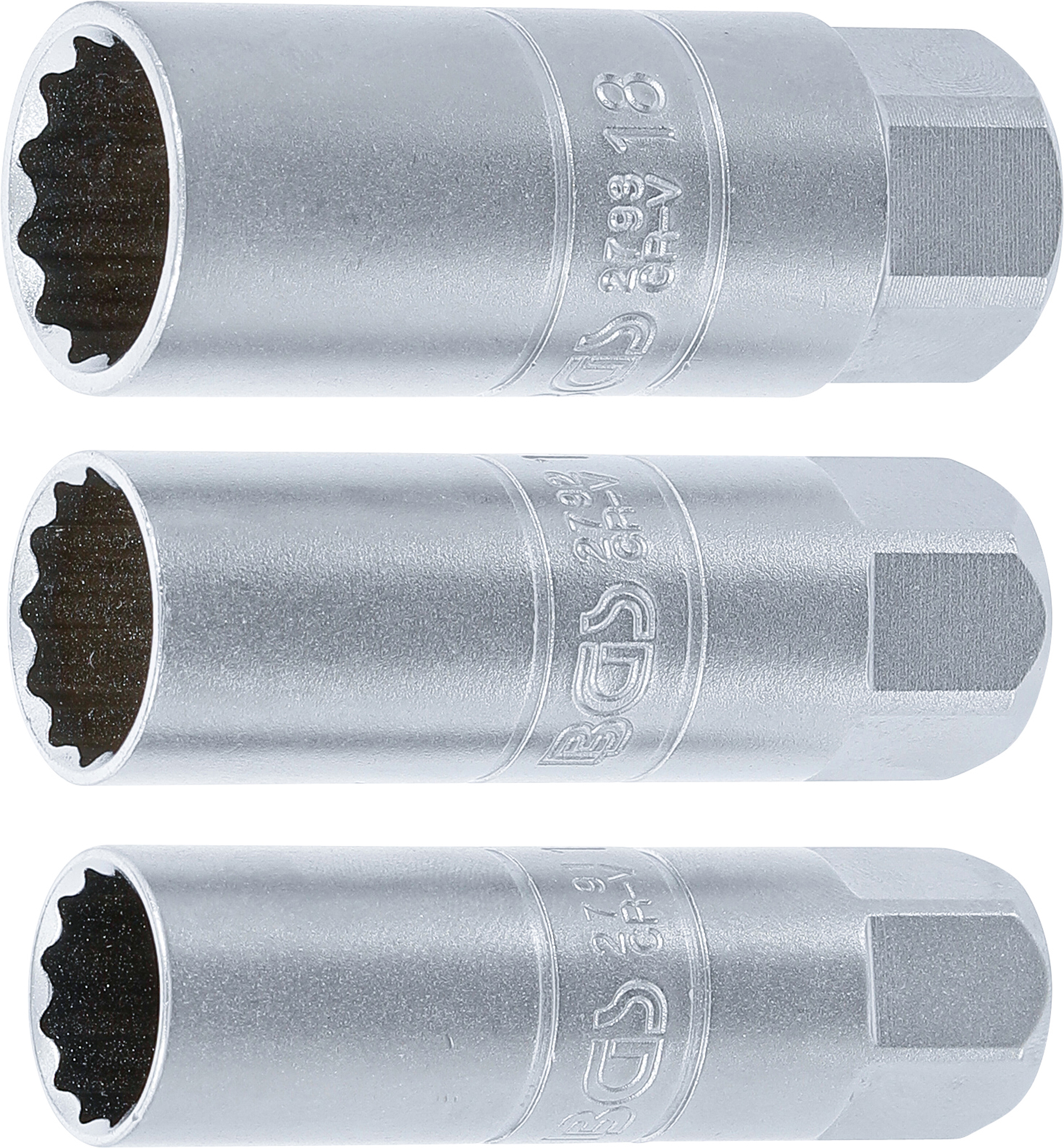 BGS Zündkerzen-Einsatz-Satz Zwölfkant | Antrieb Innenvierkant 10 mm (3/8") | SW 14 - 16 - 18 mm | 3-tlg.