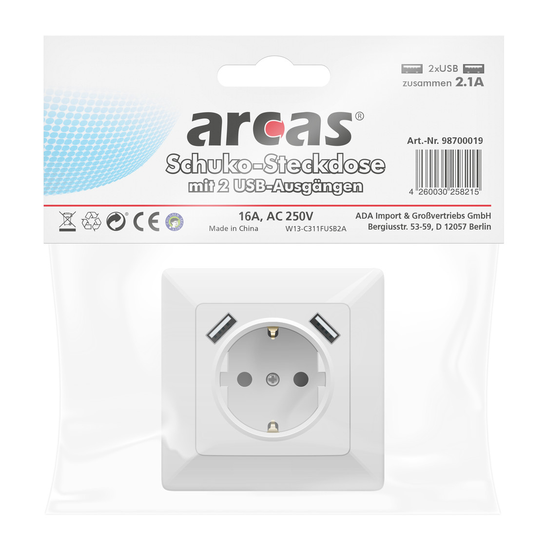 Arcas Wandsteckdose Schuko Steckdose mit 2 USB Ladeanschlüssen