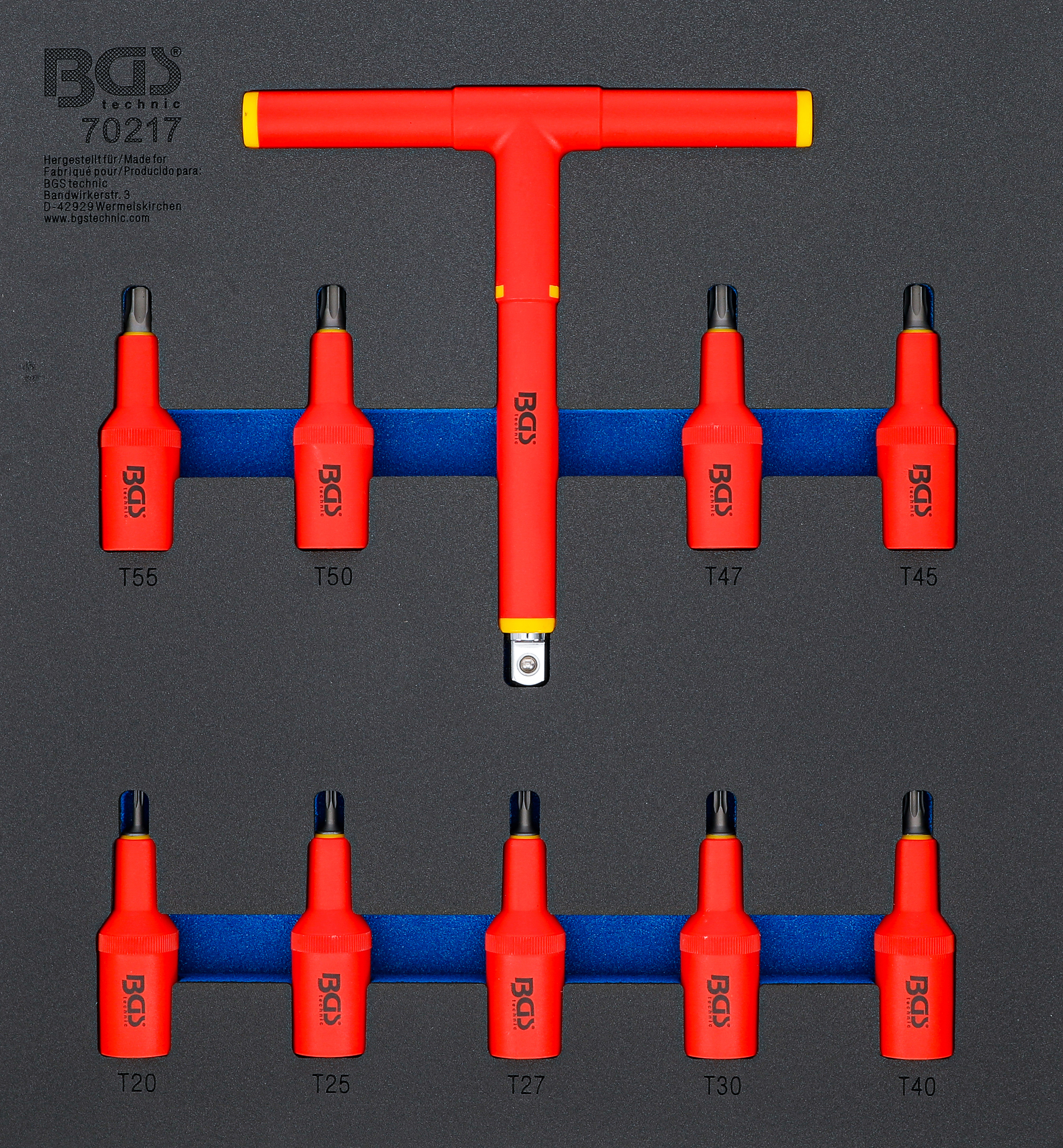 BGS Werkstattwageneinlage 2/3: VDE-Bit-Einsatz-Satz | Antrieb Innenvierkant 12,5 mm (1/2") | T-Profil (für Torx) T20 - T55 | 10-tlg.