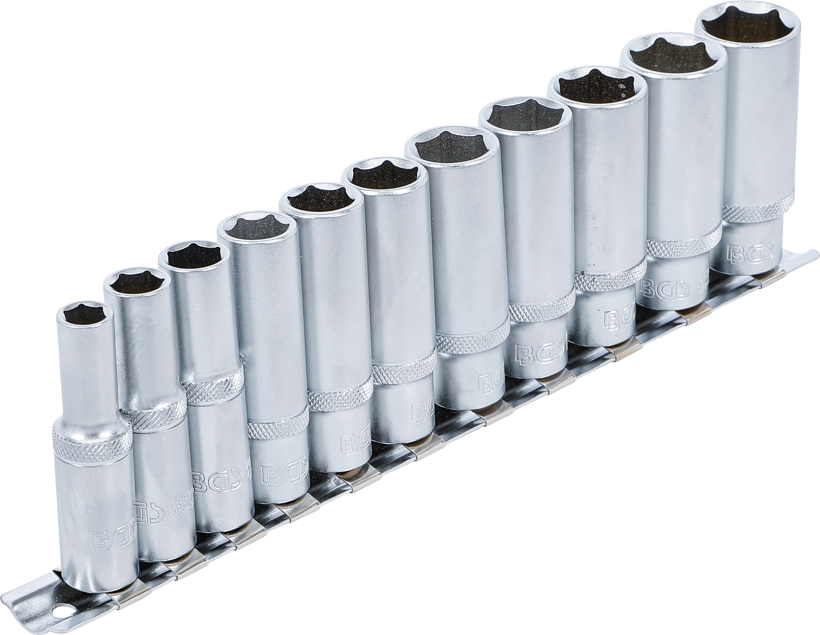 BGS Steckschlüssel-Einsatz-Satz Sechskant, tief | Antrieb Innenvierkant 10 mm (3/8") | SW 8 - 19 mm | 11-tlg.